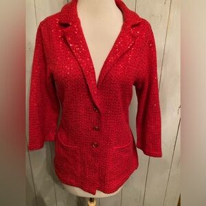 Eci New York Red Sequin‎ Sweater Jeweled Button Up Jacket Size Large Holiday